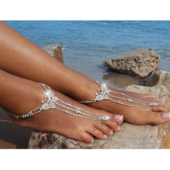 Silver and Diamond Austrian Crystal Butterfly Anklet Foot Chains - Set of 2 - Picture 4 of 6